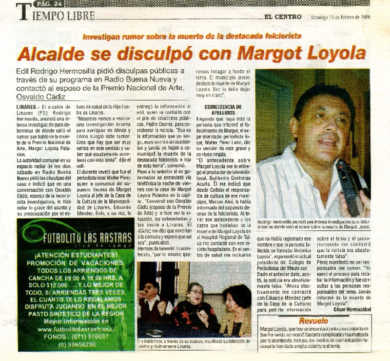 Alcalde se disculpó con Margot Loyola  [artículo]César Hormazabal.