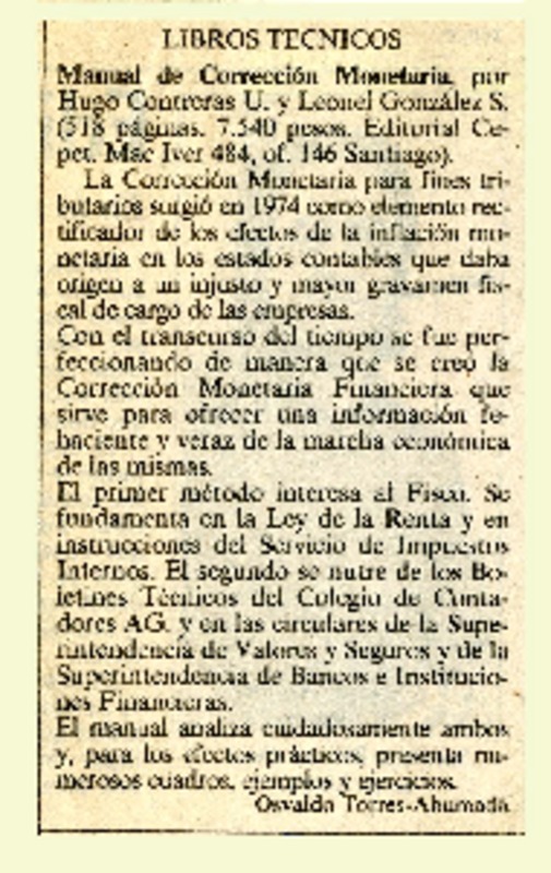 Manual de corrección monetaria  [artículo] Osvaldo Torres-Ahumada.