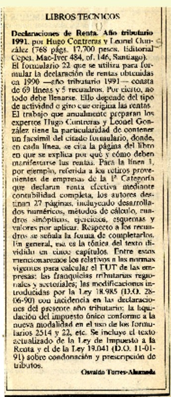 Declaraciones de renta, año tributario 1991  [artículo] Osvaldo Torres-Ahumada.