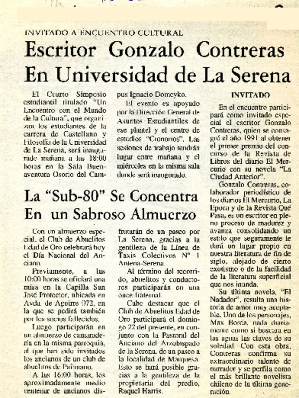Escritor Gonzalo Contreras en Universidad de La Serena  [artículo].