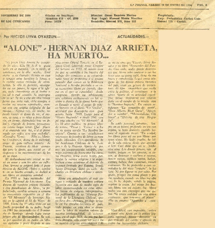 "Alone", Hernán Díaz Arrieta, ha muerto  [artículo] Héctor Leiva Oyarzún.