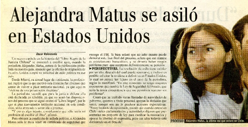 Alejandra Matus se asiló en Estados Unidos  [artículo] Oscar Valenzuela