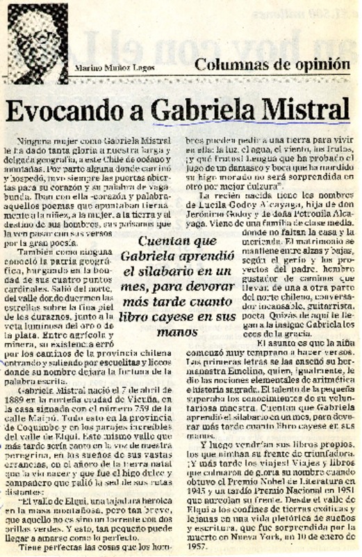 Evocando a Gabriela Mistral  [artículo] Marino Muñoz Lagos