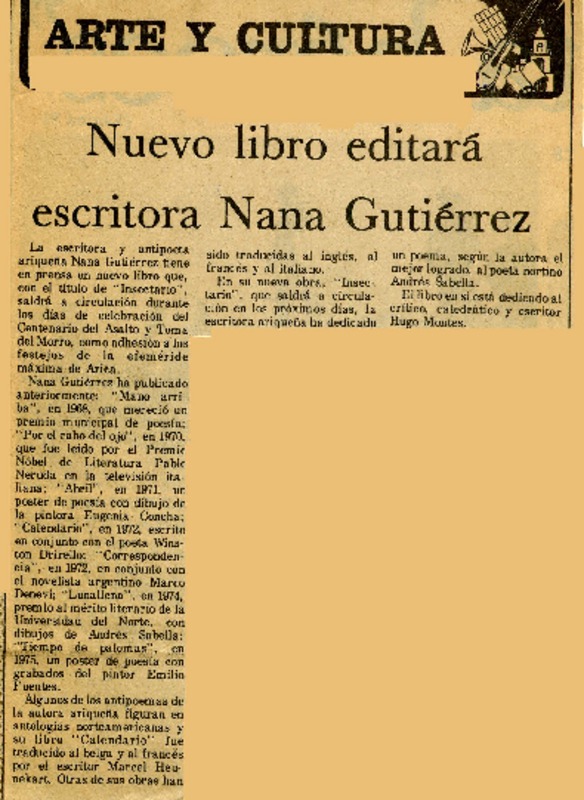 Nuevo libro editará escritora Nana Gutiérrez.  [artículo]