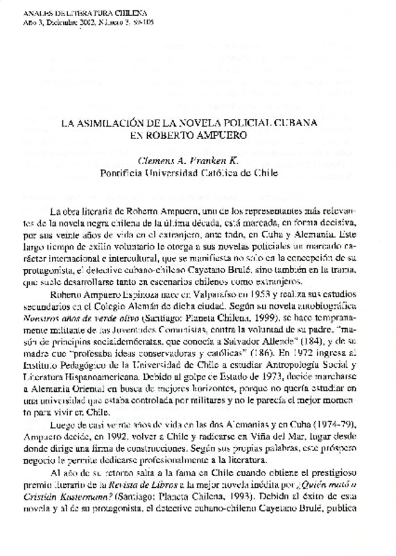 La asimilación de la novela policial cubana en Roberto Ampuero  [artículo] Clemens A. Franken K.