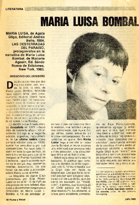 María Luisa Bombal  [artículo] Gregorio Goldenberg.