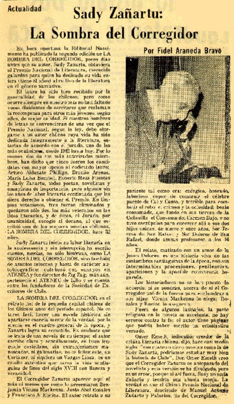 Sady Zañartu: La Sombra del Corregidor  [artículo] Fidel Araneda Bravo.
