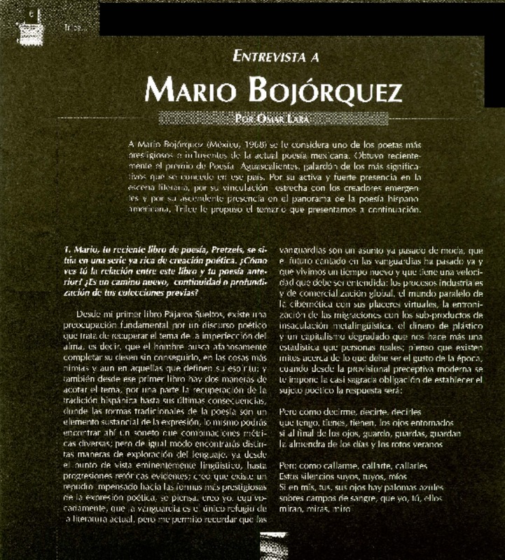 Entrevista a Mario Bojórquez (entrevista)  [artículo] Omar Lara.
