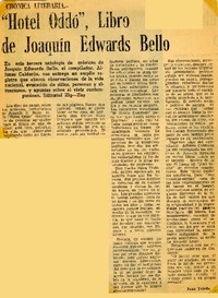 "Hotel Oddó", libro de Joaquín Edwards Bello  [artículo] Juan Tejeda.