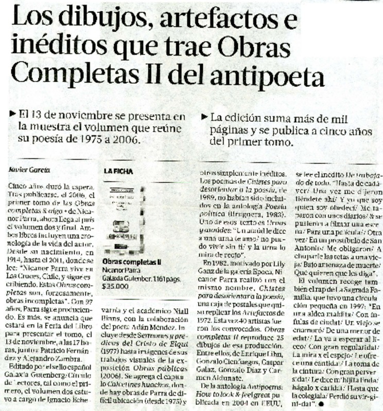 Los dibujos, artefactos e inèditos que trae Obras Completas II del antipoeta  [artículo] Javier Garcìa.