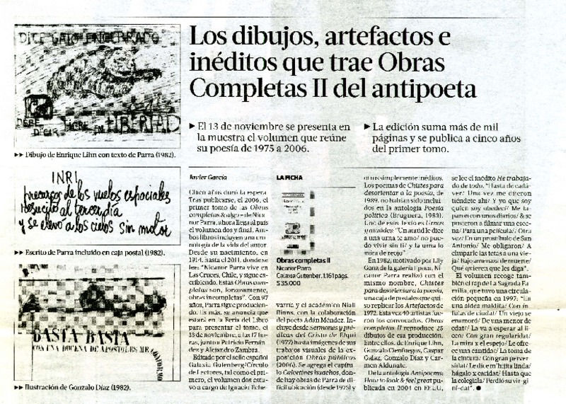 Los dibujos, artefactos e inéditos que trae Obras Completas II del antipoeta  [artículo] Javier García.