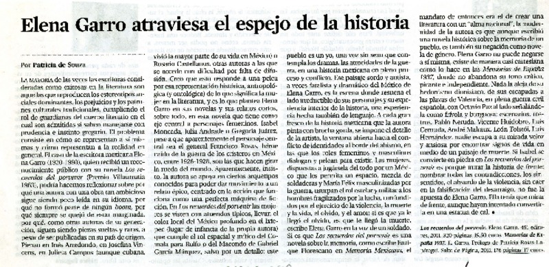 Elena Garro atraviesa el espejo de la historia  [artículo] Patricia de Souza.