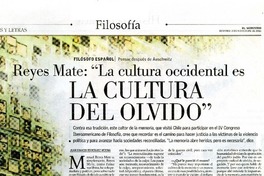 Reyes Mate: "La cultura occidental es La Cultura del Olvido"  [artículo] Juan Ignacio Rodríguez Medina