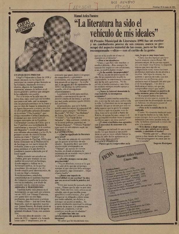 "La literatura ha sido el vehículo de mis ideales"  [artículo] Eugenio Rodríguez.