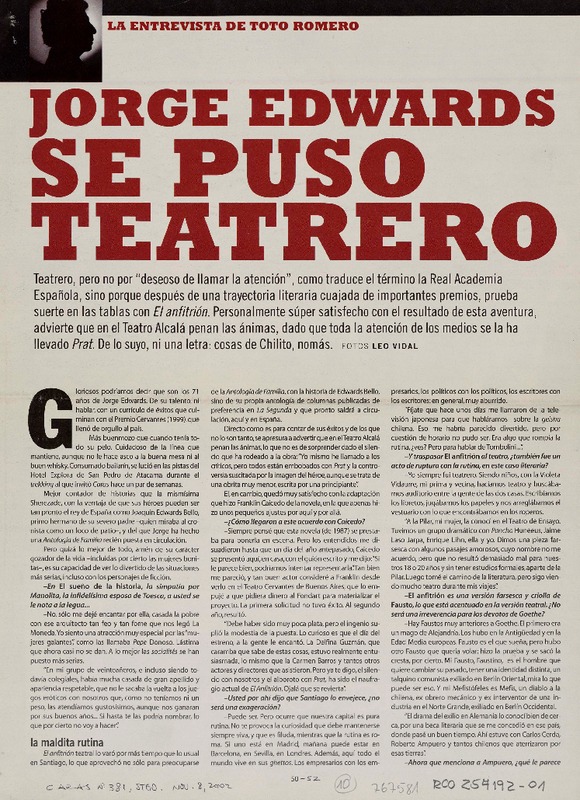 Jorge Edwards se puso teatrero  [artículo] Toto Romero.
