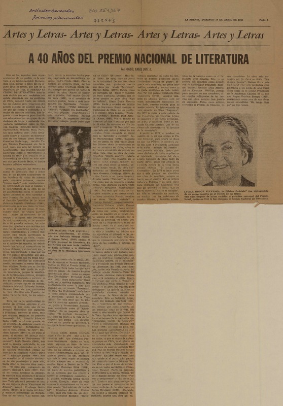A 40 años del Premio Nacional de literatura  [artículo] Miguel Angel Díaz A.