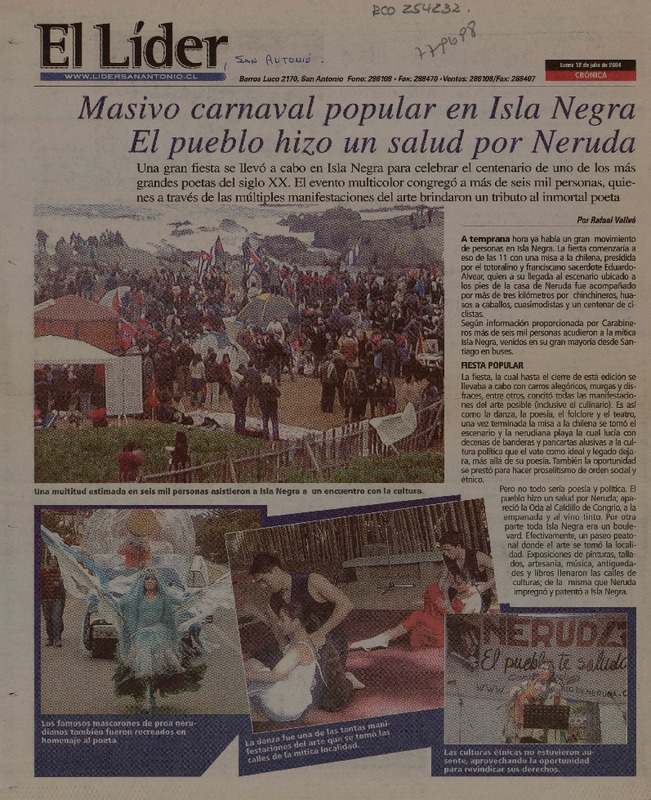Masivo carnaval popular en Isla Negra. El pueblo hizo un salud por Neruda  [artículo] Rafael Vallvé.