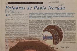 Palabras de Pablo Neruda  [artículo] María Teresa Larraín.