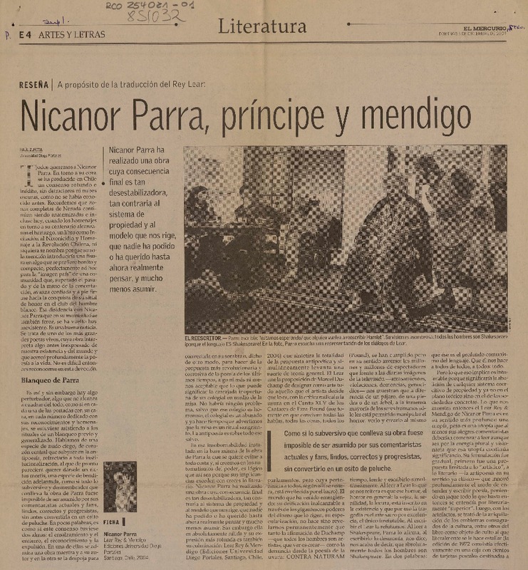 Nicanor Parra, príncipe y mendigo  [artículo] Raúl Zurita