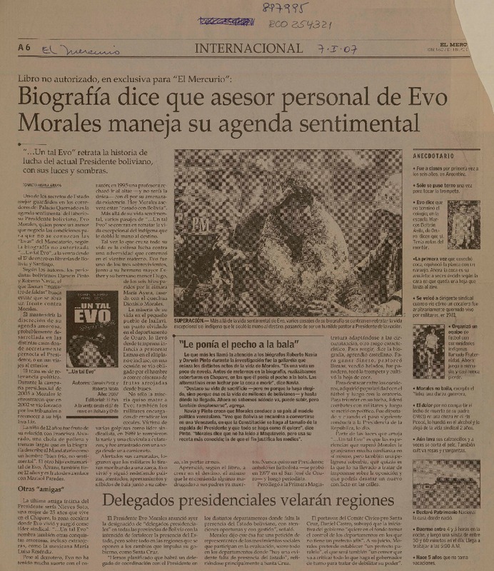 Biografía dice que aesor personal de Evo Morales maneja se agenda sentimental  [artículo] Ignacio Arana Araya.