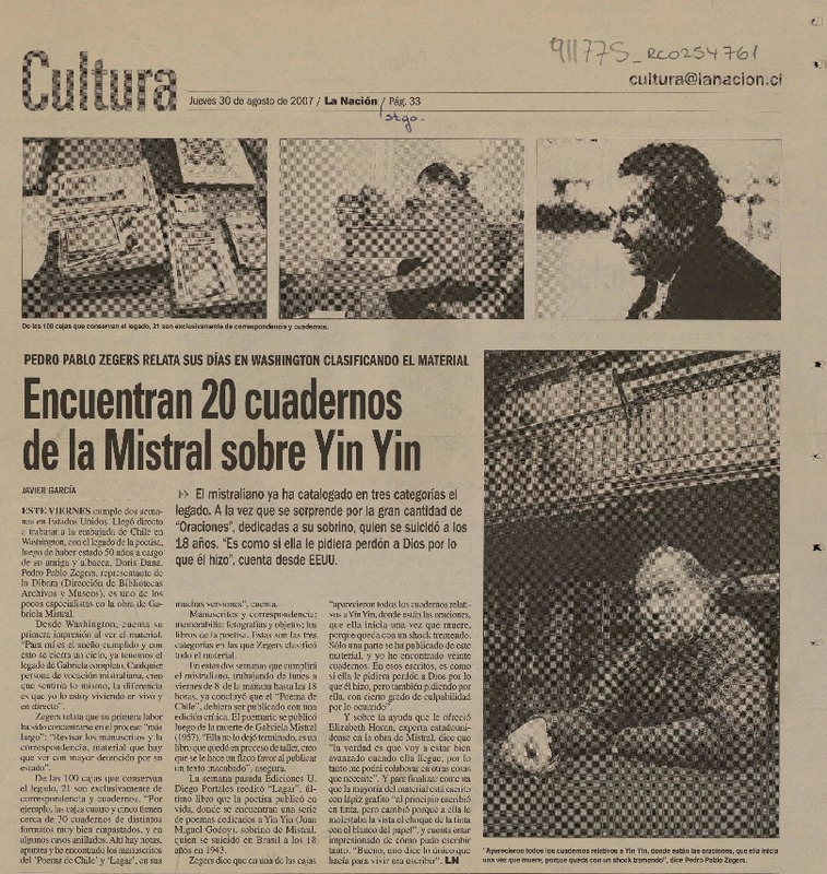 Encuentran 20 cuadernos de la Mistral sobre Yin Yin  [artículo]Javier García.