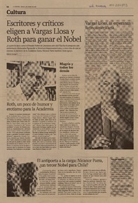 Escritores y críticos eligen a Vargas Llosa y Roth para ganar el Nobel  [artículo]Roberto Careaga c.