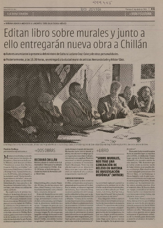 Editan libro sobre murales y junto a ello entregarán nueva obra a Chillán  [artículo] Patricia Orellana.