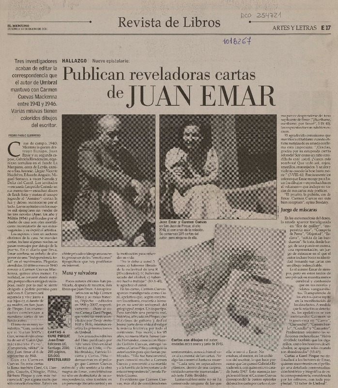 Publican reveladoras cartas de Juan Emar  [artículo] Pedro Pablo Guerrero.