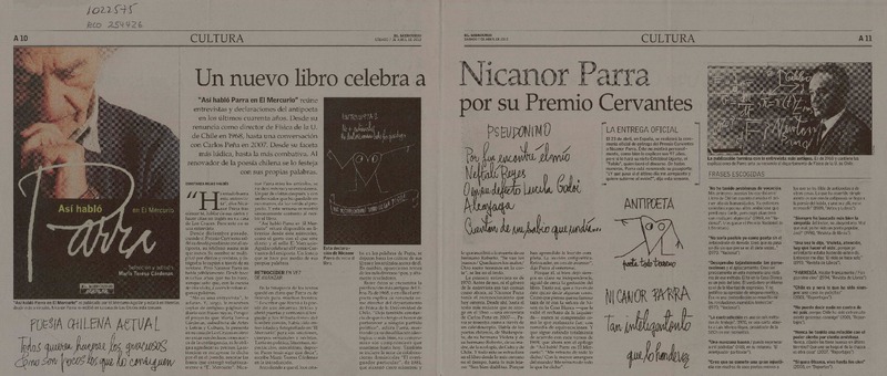 Un nuevo libro celebra a Nicanor Parra por su Premio Cervantes  [artículo] Constanza Rojas Valdés.