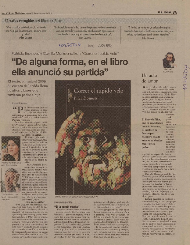 "De alguna forma, en el libro ella anunció su partida" (entrevista)  [artículo] Sergio Rodríguez.