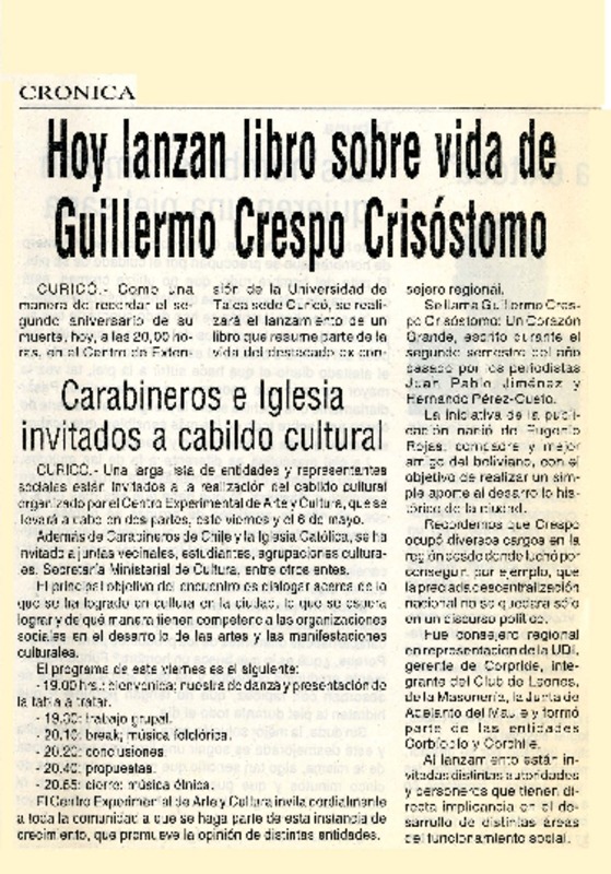 Hoy lanzan libro sobre vida de Guillermo Crespo Crosóstomo.  [artículo]