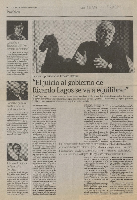 "El juicio al gobierno de Ricardo Lagos se va a equilibrar" (entrevista)  [artículo]Juan Cristóbal Villalobos.