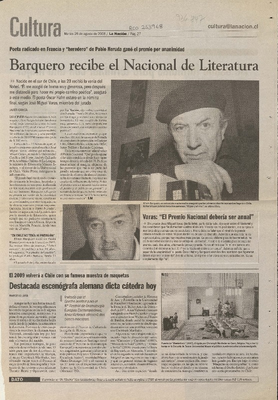 Barquero recibe el Nacional de Literatura  [artículo]Javier García