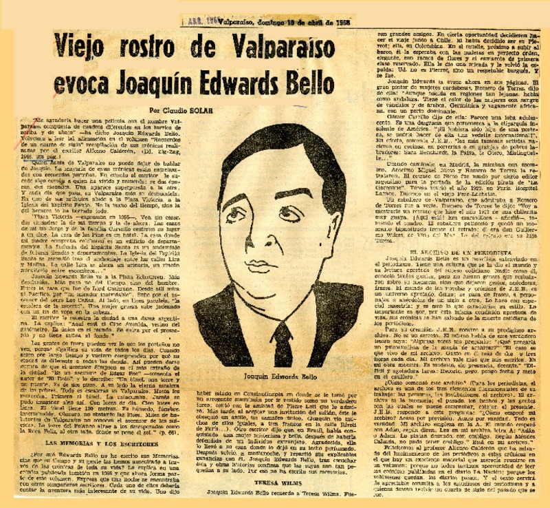 Viejo rostro de Valparaíso evoca Joaquín Edwards Bello  [artículo] Claudio Solar.