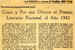Cómo y por qué obtuve el Premio Literario Nacional en año 1943  [artículo] Joaquín Edwards Bello.