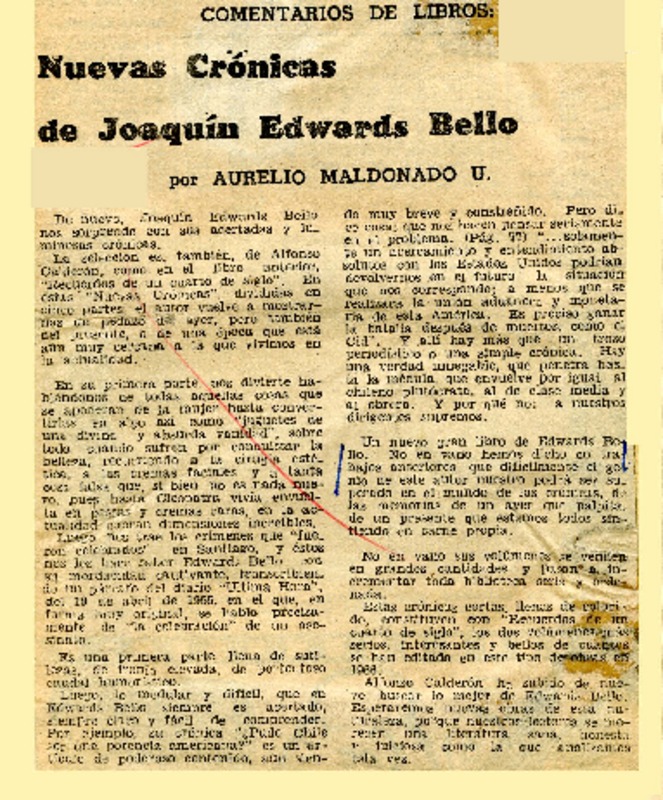 Nuevas crónicas de Joaquín Edwards Bello  [artículo] Aurelio Maldonado V.