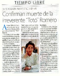Confirman muerte de la irreverente "Totó" Romero  [artículo].