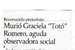 Murió Graciela "Totó" romero, aguda observadora social  [artículo] Pablo Reed.