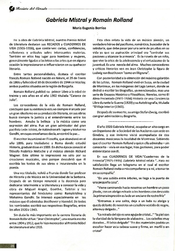 Gabriela Mistras y Romain Rolland  [artículo] María Eugenia Berríos.