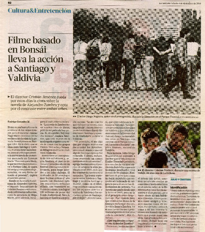 Filme basado en Bonsái lleva acción a Santiago y Valdivia  [artículo] Rodrigo González M.