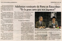 Adelantan seminario de Parra en Estocolmo: "Es la gran carta que nos jugamos"  [artículo] Juan Carlos Ramírez F.