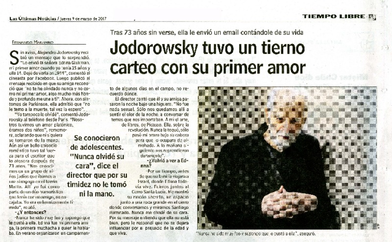 Jodorowsky tuvo un tierno carteo con su primer amor  [artículo] Fernando Marambio