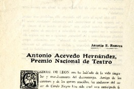 Antonio Acevedo Hernández, premio nacional de teatro  [artículo] Antonio R. Romera.