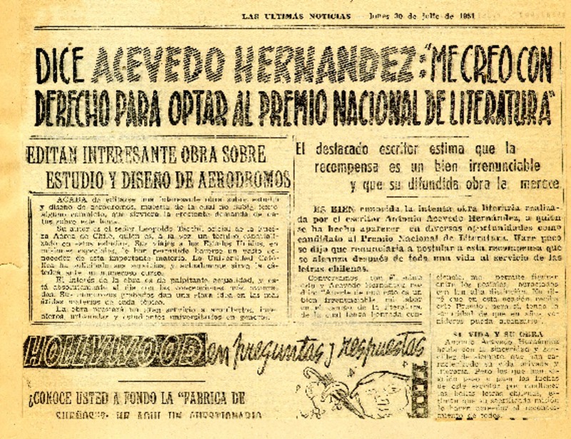 Dice Acevedo Hernández : "Me creo con derecho para optar al premio Nacional de Literatura".  [artículo]