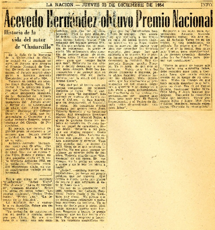 Acevedo Hernández obtuvo premio nacional.  [artículo]