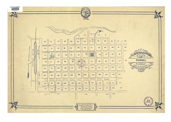 Plano de la ciudad de Parral con la numeración oficial de las manazanas [material cartográfico] : de la Asociación Chilena de Aseguradores Contra Incendio.