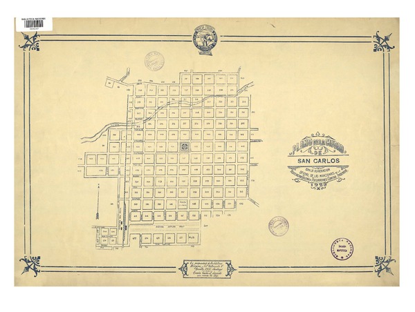 Plano de la ciudad de San Carlos con la numeración oficial de las manazanas [material cartográfico] : de la Asociación Chilena de Aseguradores Contra Incendio.