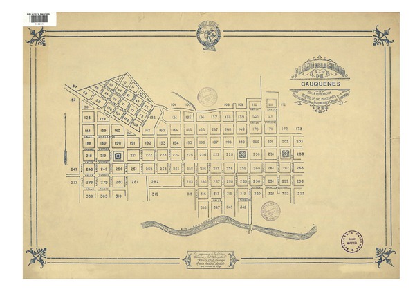Plano de la ciudad de Cauquenes con la numeración oficial de las manazanas [material cartográfico] : de la Asociación Chilena de Aseguradores Contra Incendio.