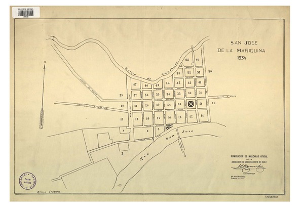 San José de la Mariquina 1934 numeración de manzanas oficial [material cartográfico] : de la Asociación de Aseguradores de Chile