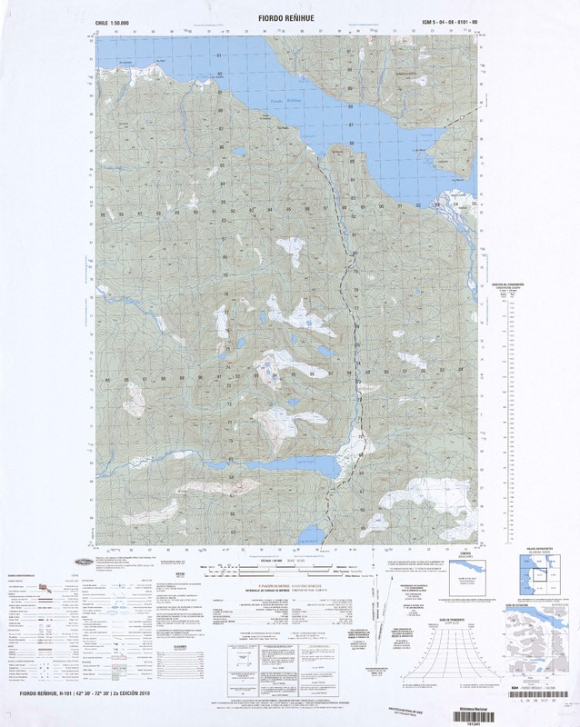 Fiordo Reñihue (42° 30' - 72° 30')  [material cartográfico] preparado y publicado por el Instituto Geográfico Militar.